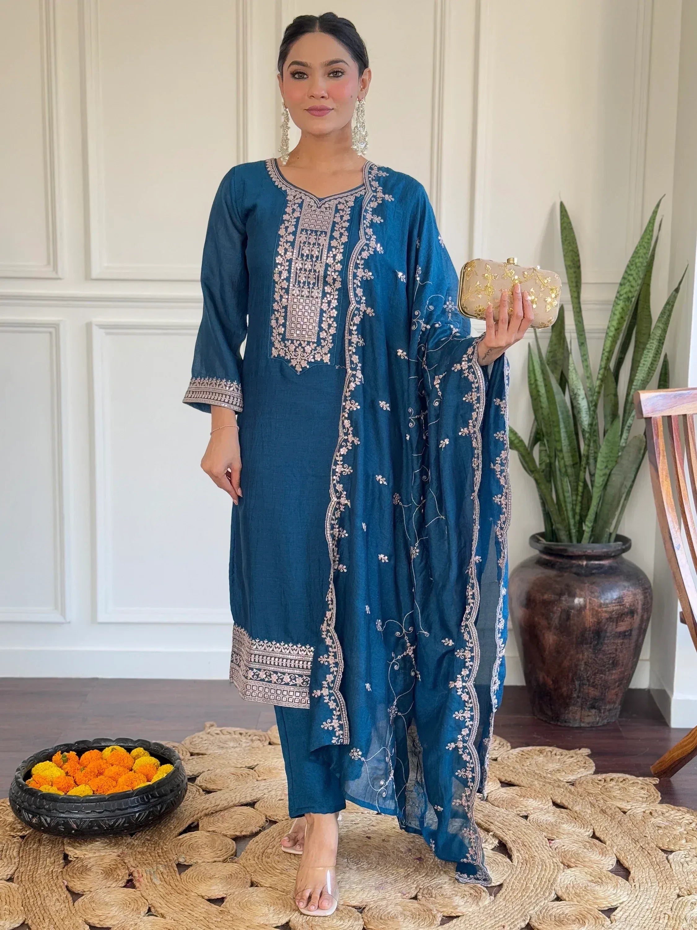 Teal embroidered salwar kameez with dupatta, perfect for Indian ethnic occasions