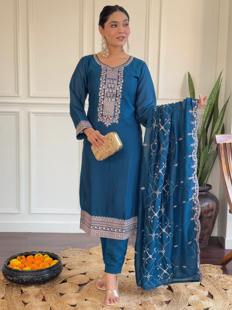 Beautiful Blue Embroidered Vichitra Silk Traditional Wear Pant Suit