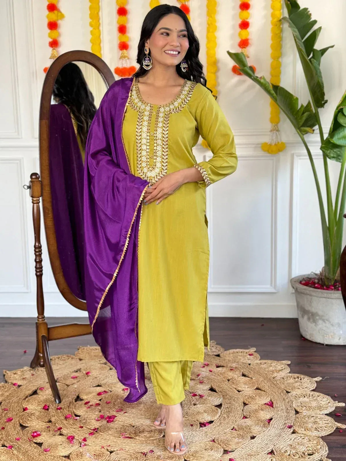Yellow embroidered kurta with purple dupatta, ethnic wear for women, festive Indian outfit
