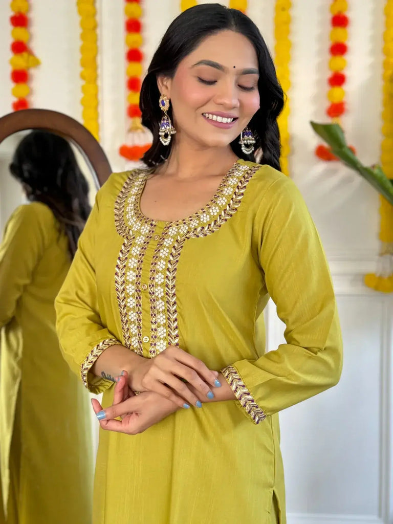 Marvelous Lemon Yellow Embroidered Rayon Pant Suit With Dupatta