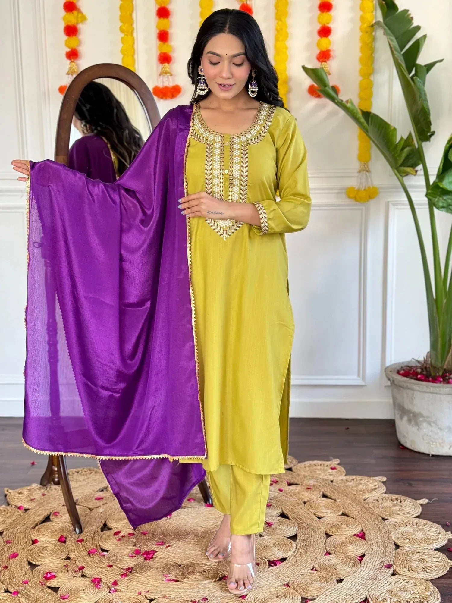 Yellow embroidered kurta with purple dupatta, ethnic wear for women, festive Indian outfit