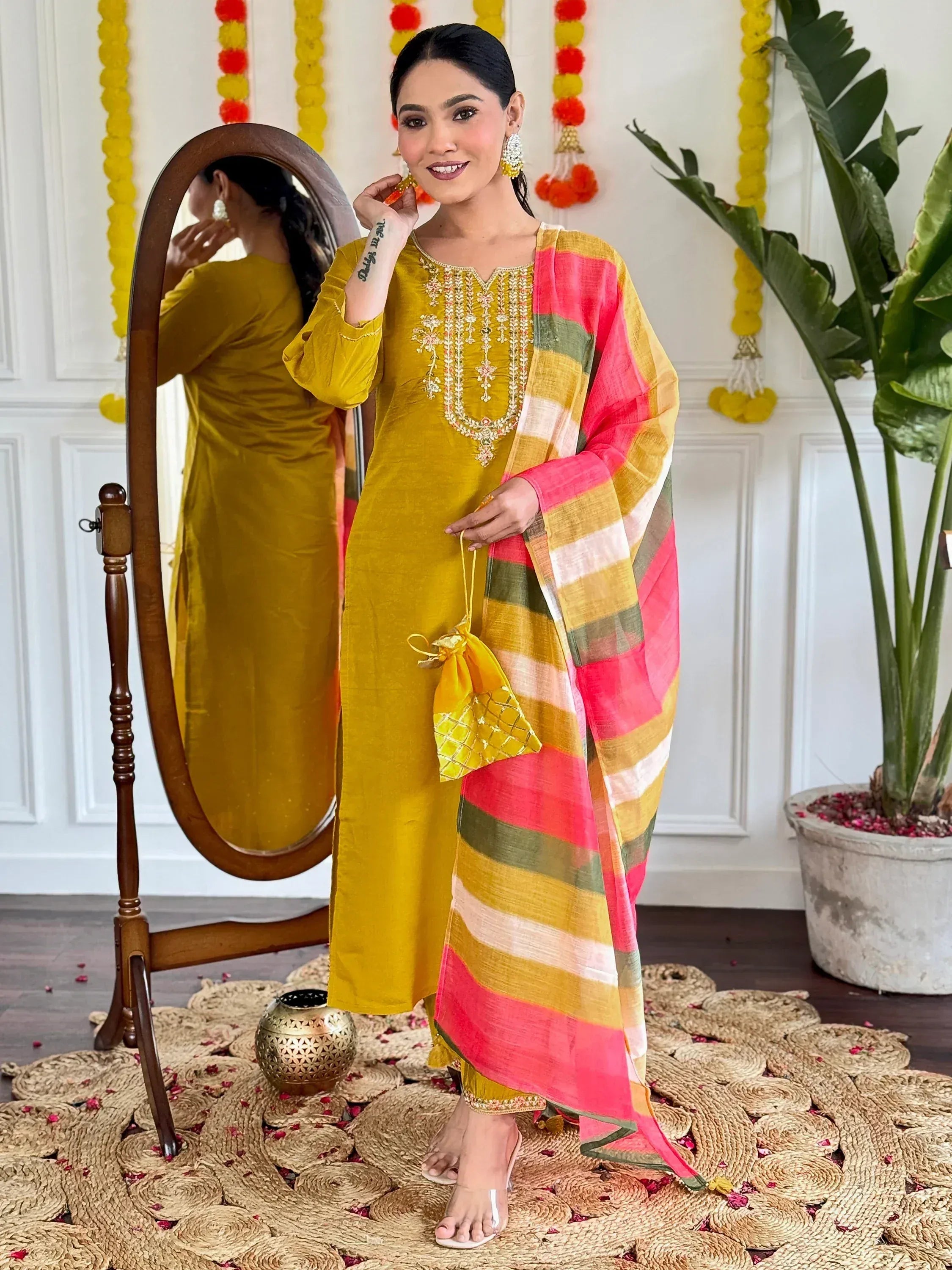 Yellow embroidered kurta with striped dupatta, festive Indian ethnic wear