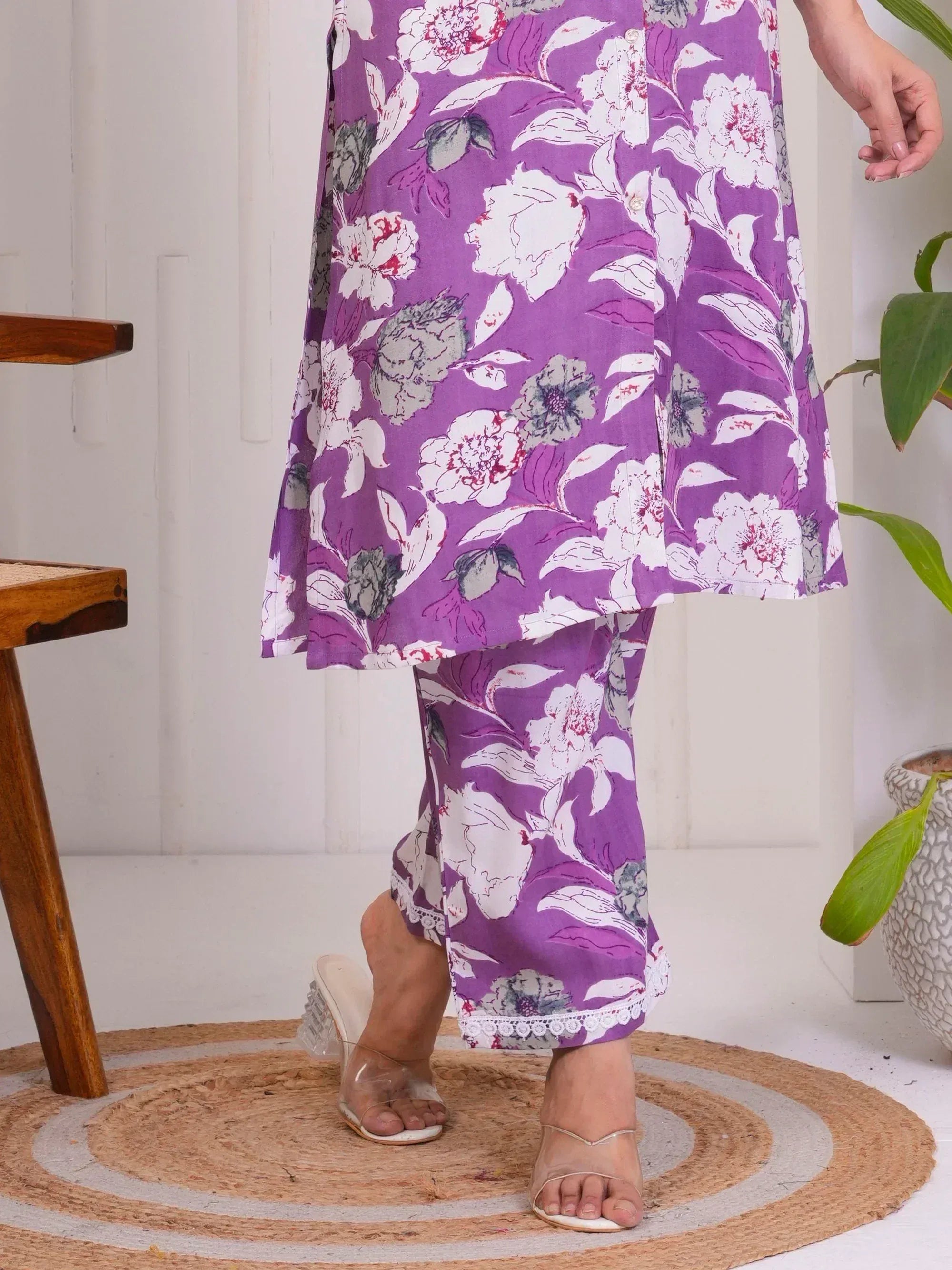 Purple floral ethnic kurta with matching pants and lace detailing