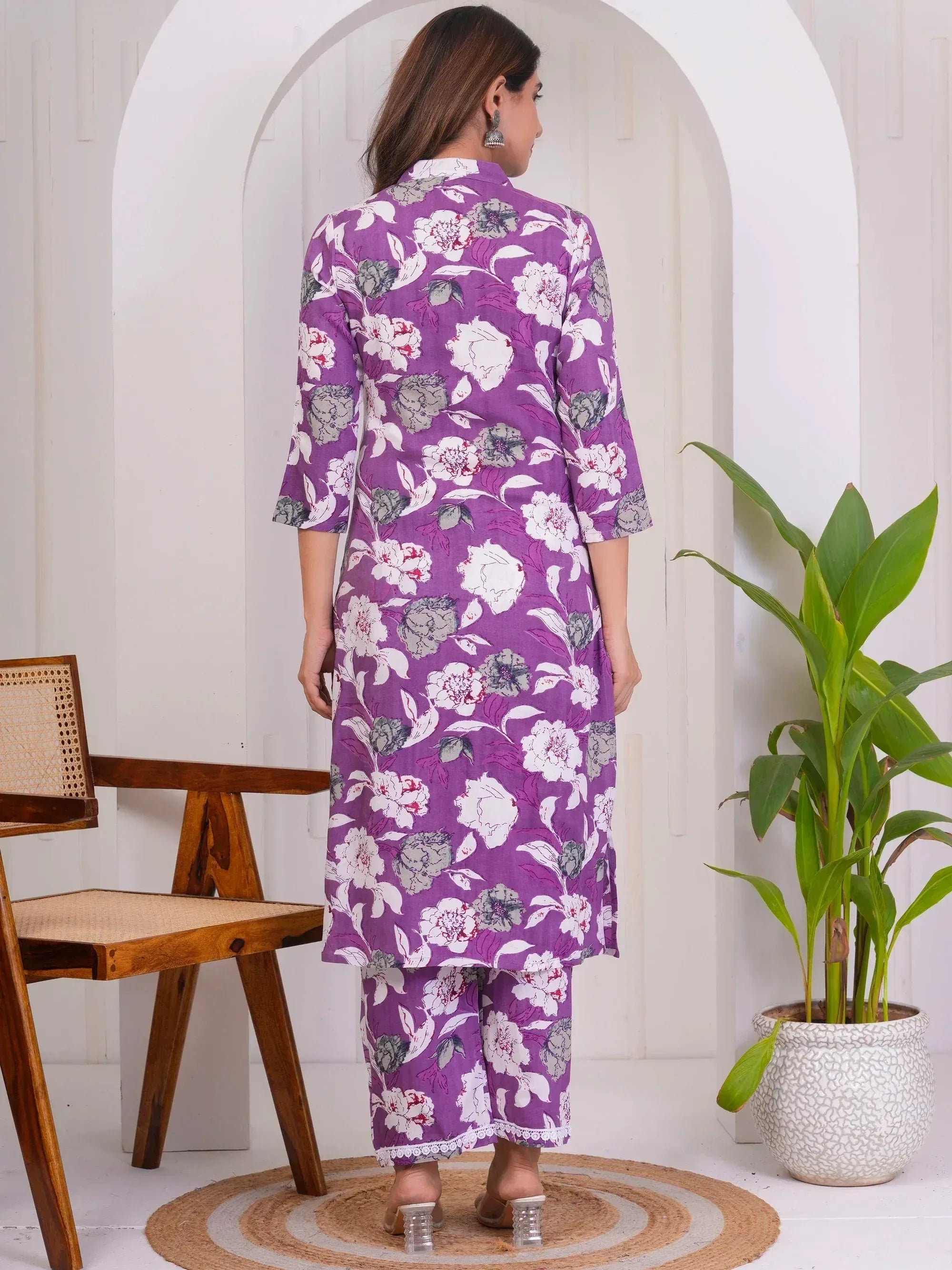 Purple floral print kurta with matching palazzo pants, ethnic wear for women