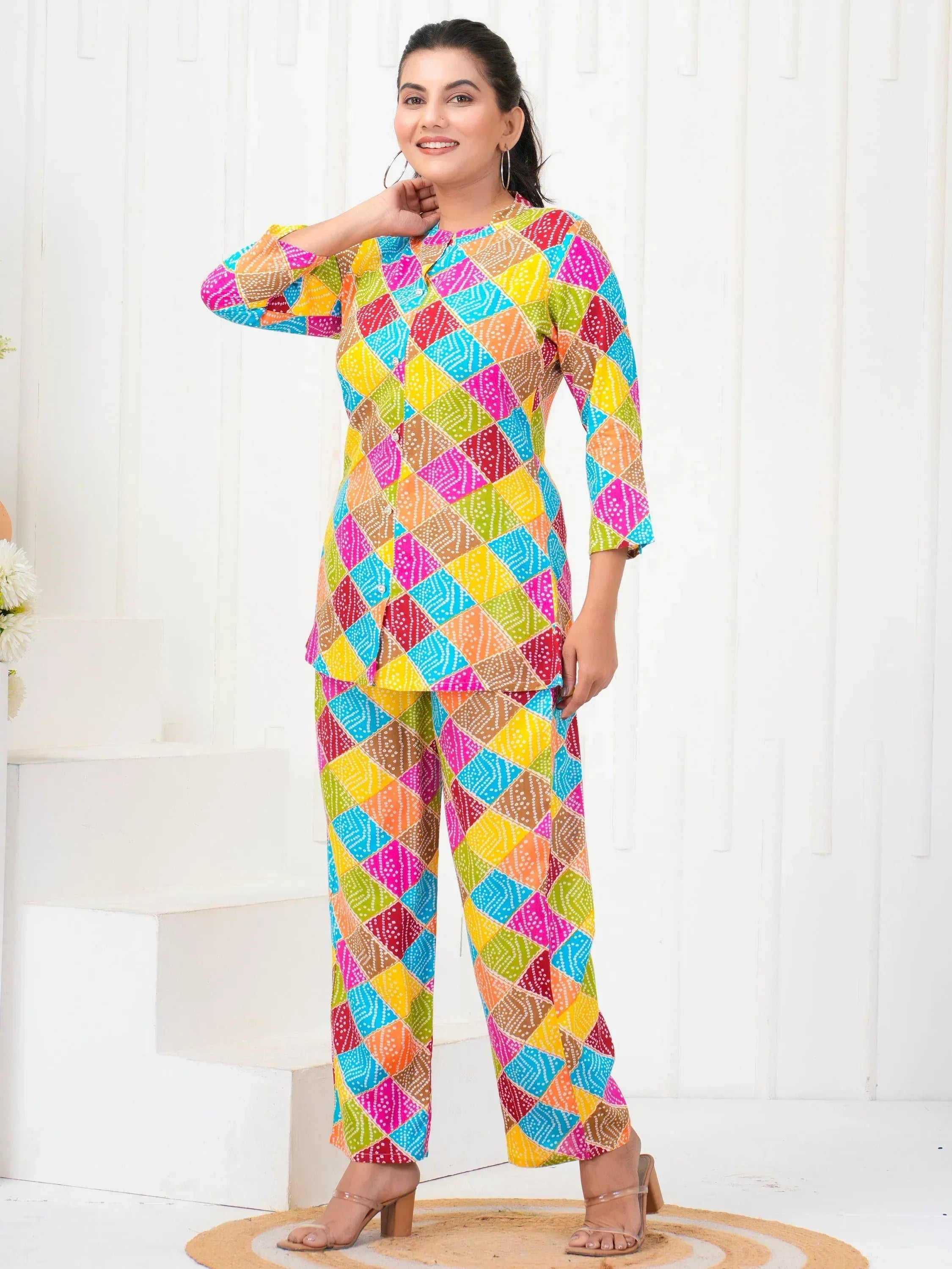 Colorful ethnic salwar kameez with geometric print, perfect for festive occasions and daily wear