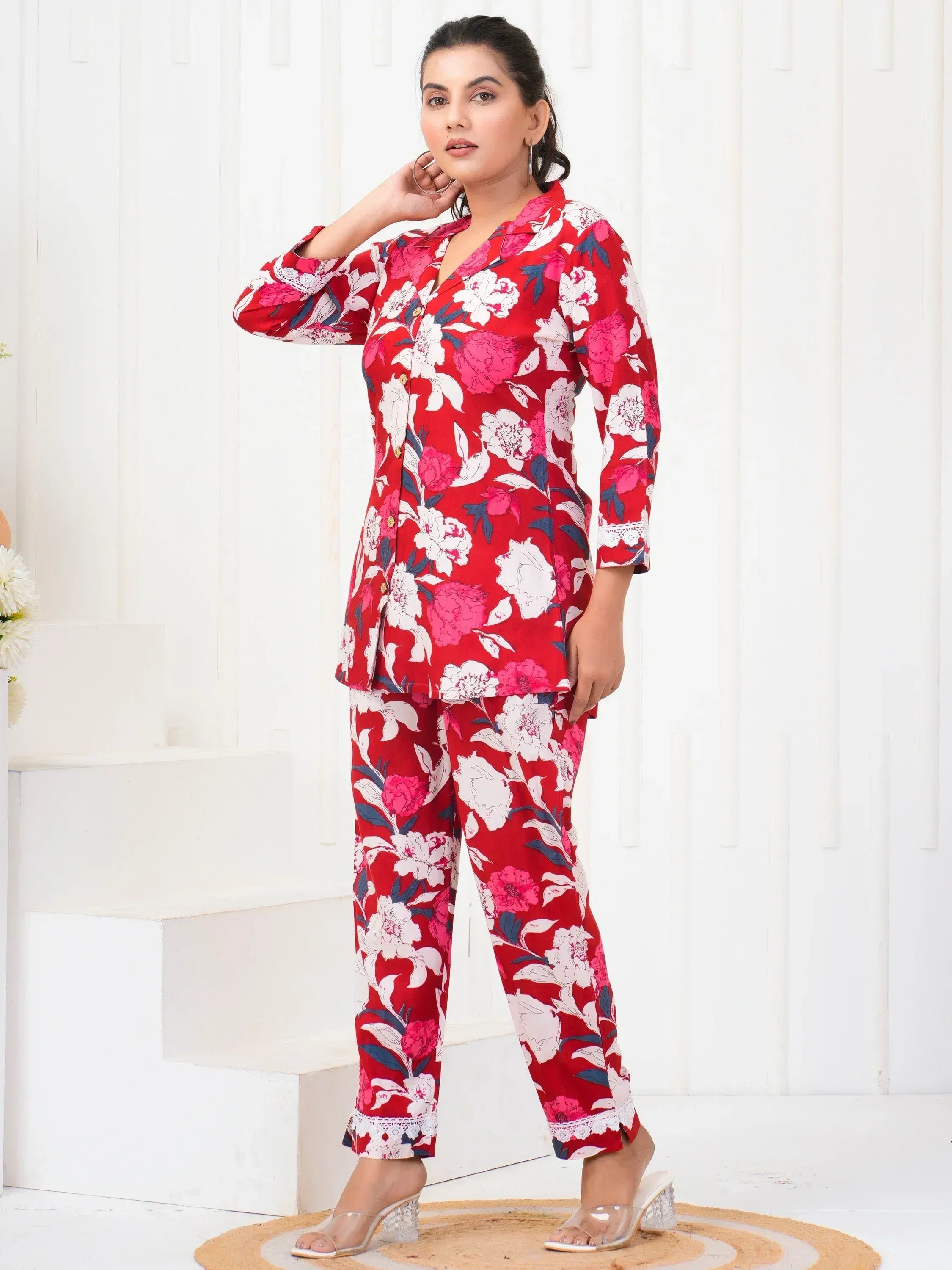 Red floral printed ethnic pajama set with lace detailing for women