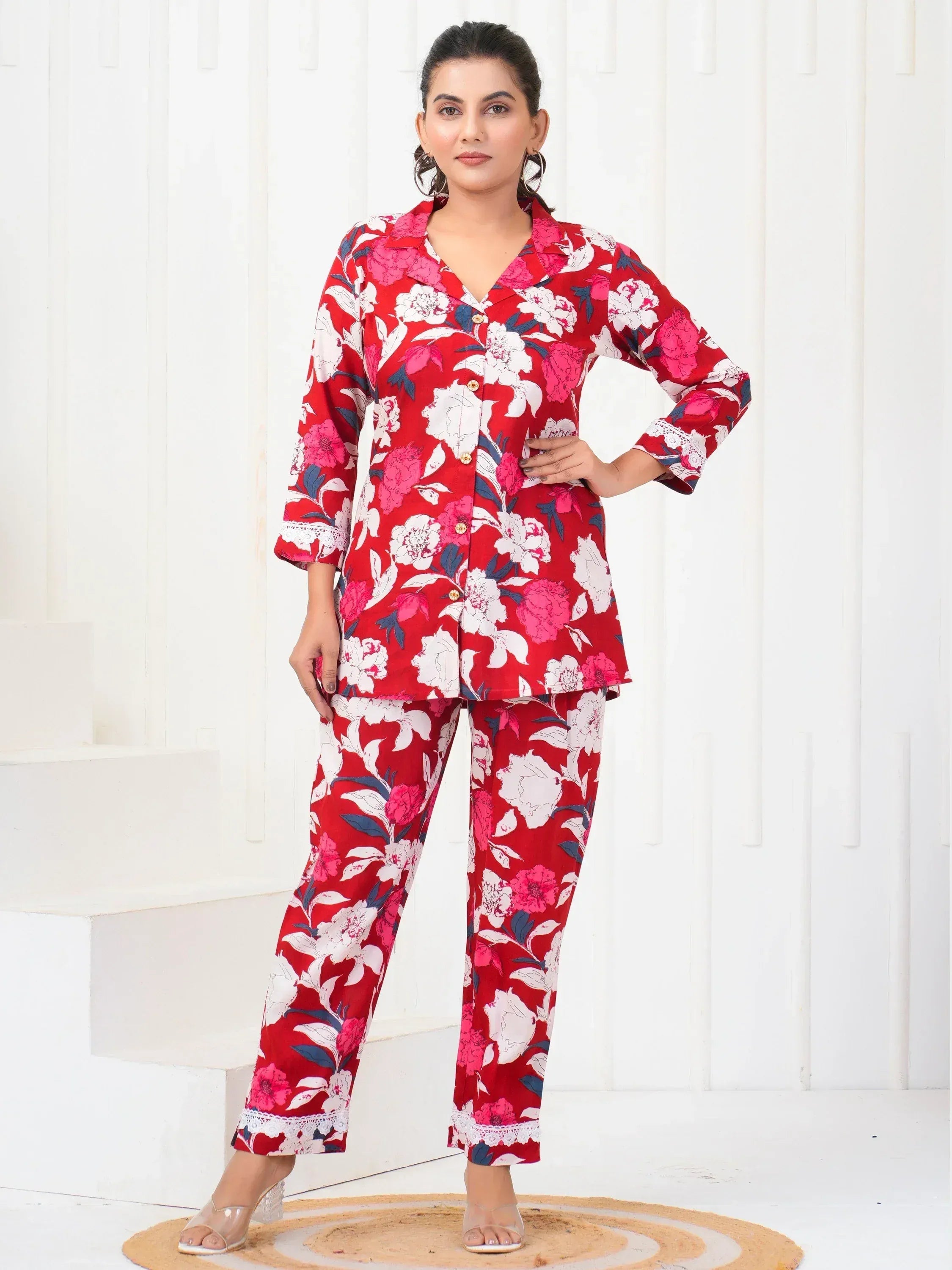 Red floral print pajama set with lace trim, stylish women's ethnic nightwear