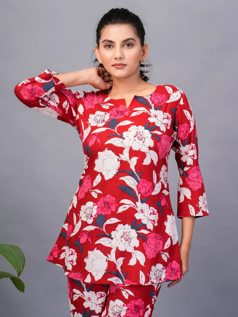 Captivating Red Floral Printed Rayon Office Wear Co-Ord Set