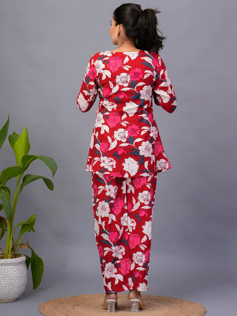 Captivating Red Floral Printed Rayon Office Wear Co-Ord Set