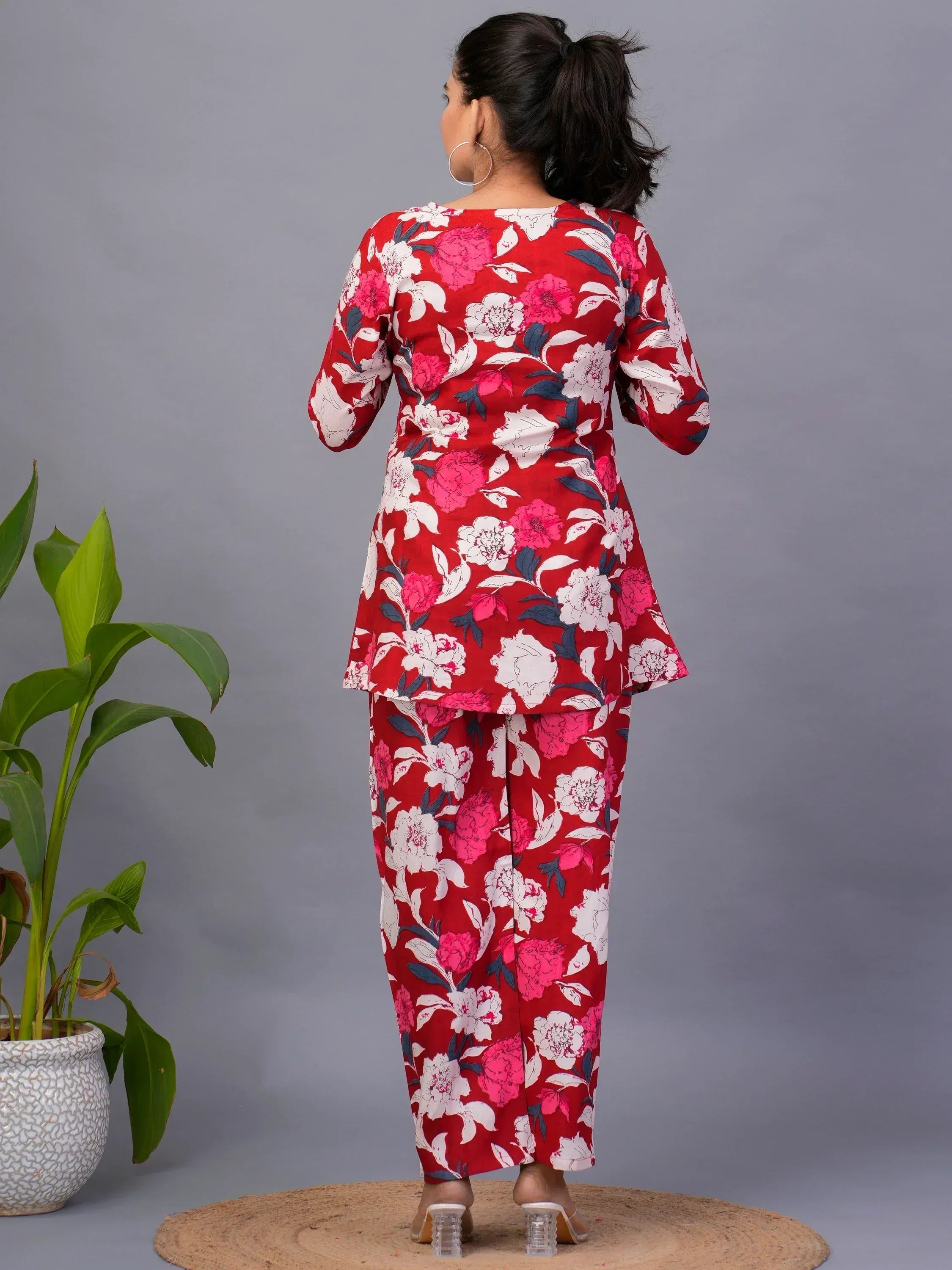 Red floral printed ethnic salwar kameez with peplum top and palazzo pants