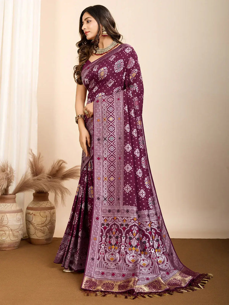 Mesmerizing Wine Zari Weaving Silk Festival Wear Saree With Blouse