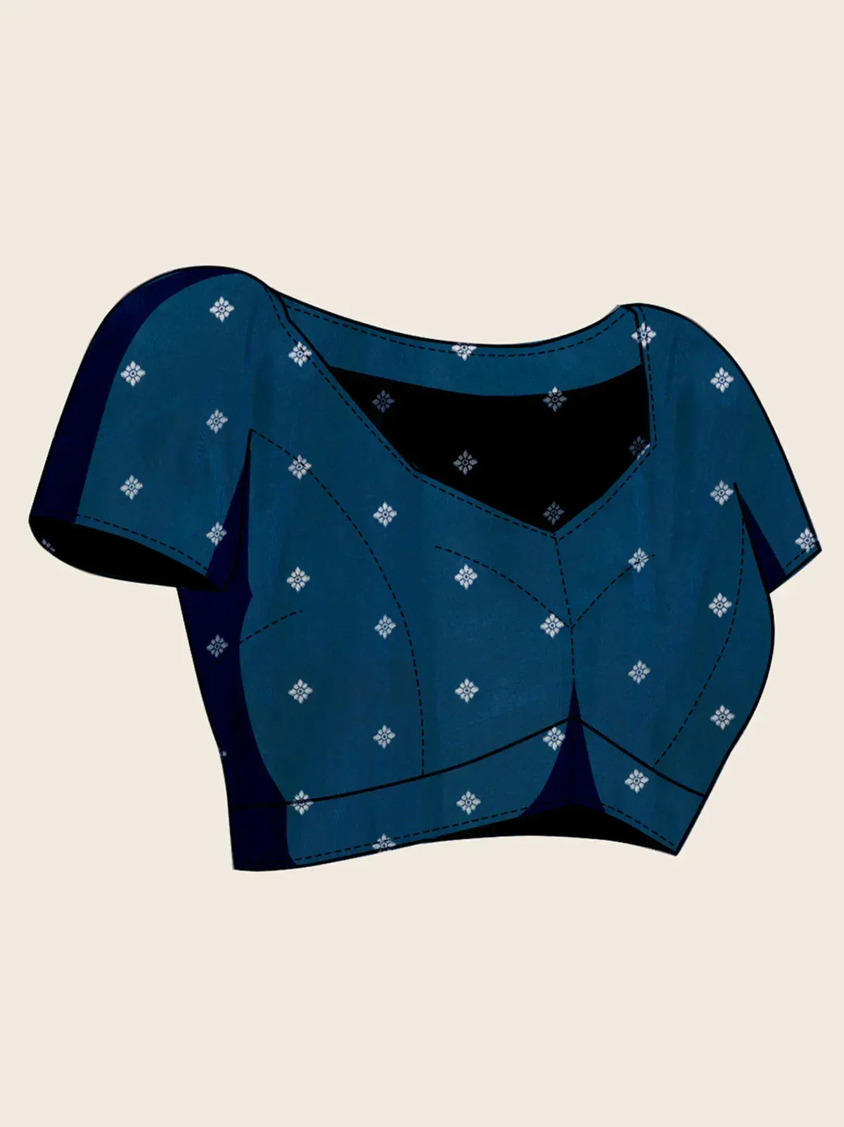Teal blue ethnic crop top with white floral print and short sleeves, perfect for lehenga or saree sets.