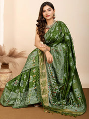Precious Olive Green Zari Weaving Silk Mehendi Wear Saree With Blouse