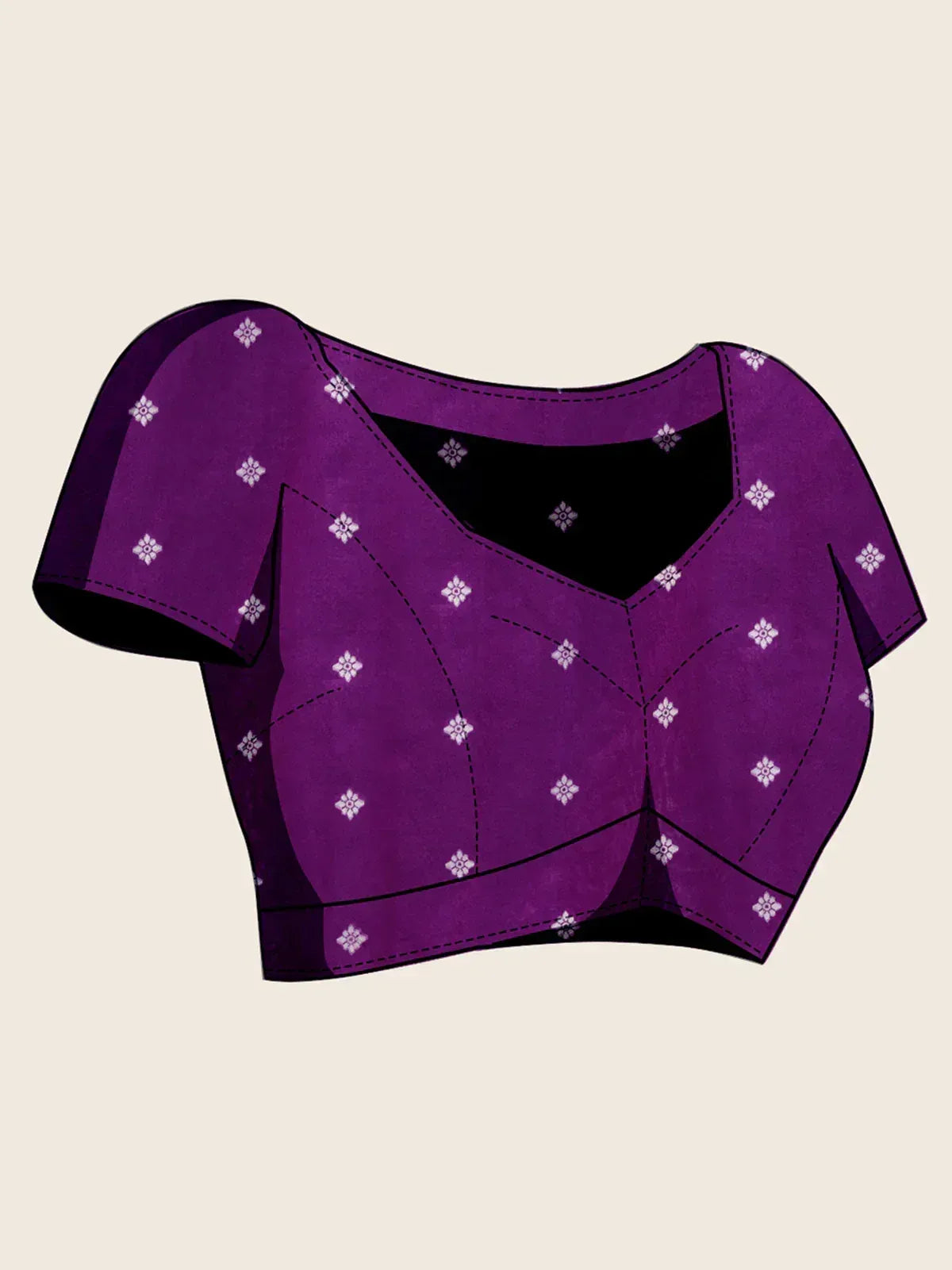 Purple floral print designer blouse with short sleeves and V-neck, ideal for ethnic wear