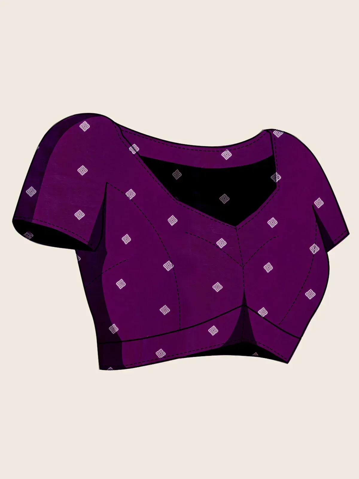 Purple ethnic blouse with geometric print, short sleeves, and V-neck design for lehenga or saree