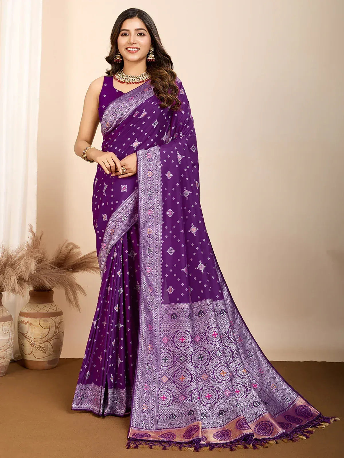 Purple printed saree with intricate border, perfect for Indian ethnic wear occasions