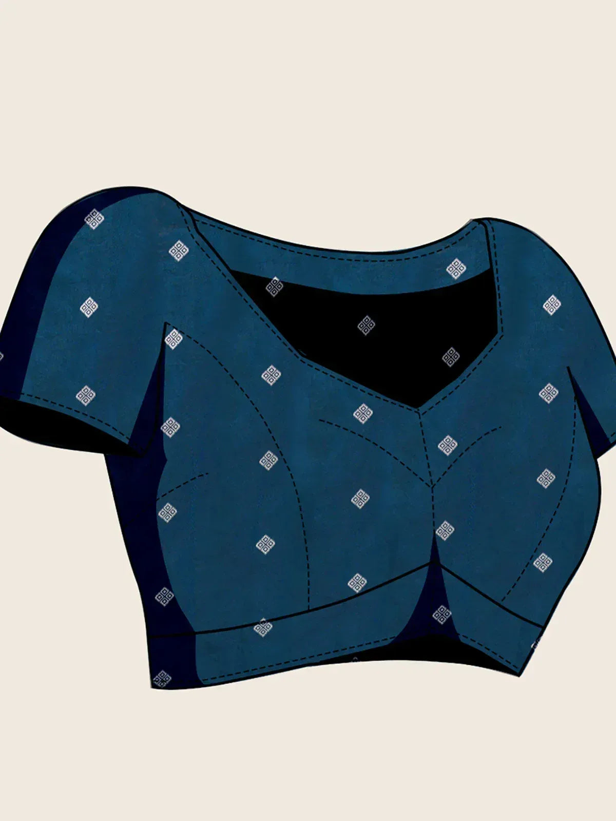 Teal blue ethnic crop top with geometric print, short sleeves, and V-neckline for lehenga or saree