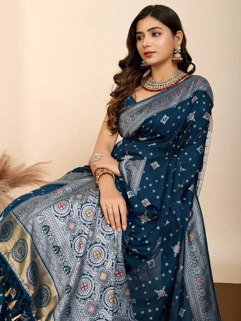 Bewitching Teal Blue Zari Weaving Silk Event Wear Saree With Blouse