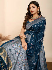 Bewitching Teal Blue Zari Weaving Silk Event Wear Saree With Blouse