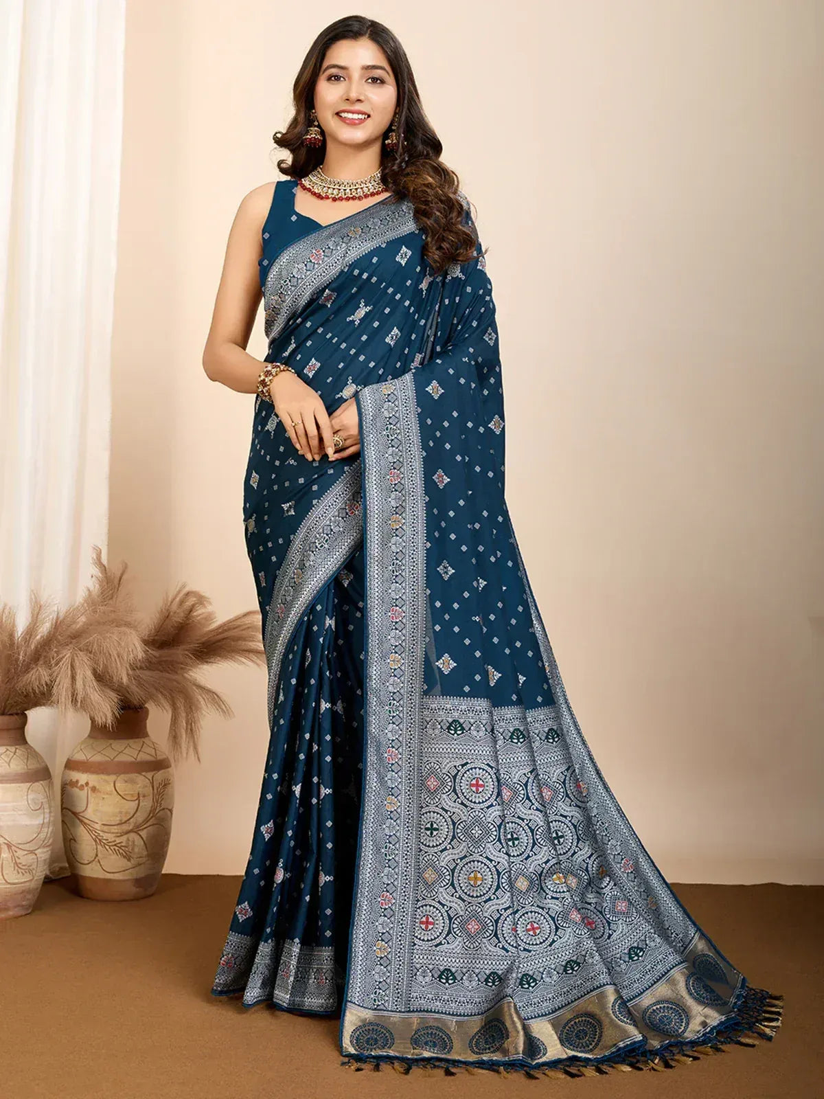 Blue printed saree with intricate border, perfect for ethnic occasions and festive wear