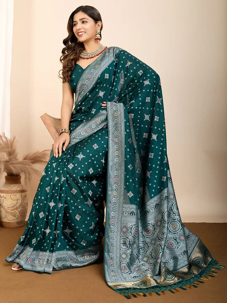 Attractive Green Zari Weaving Silk Event Wear Saree With Blouse