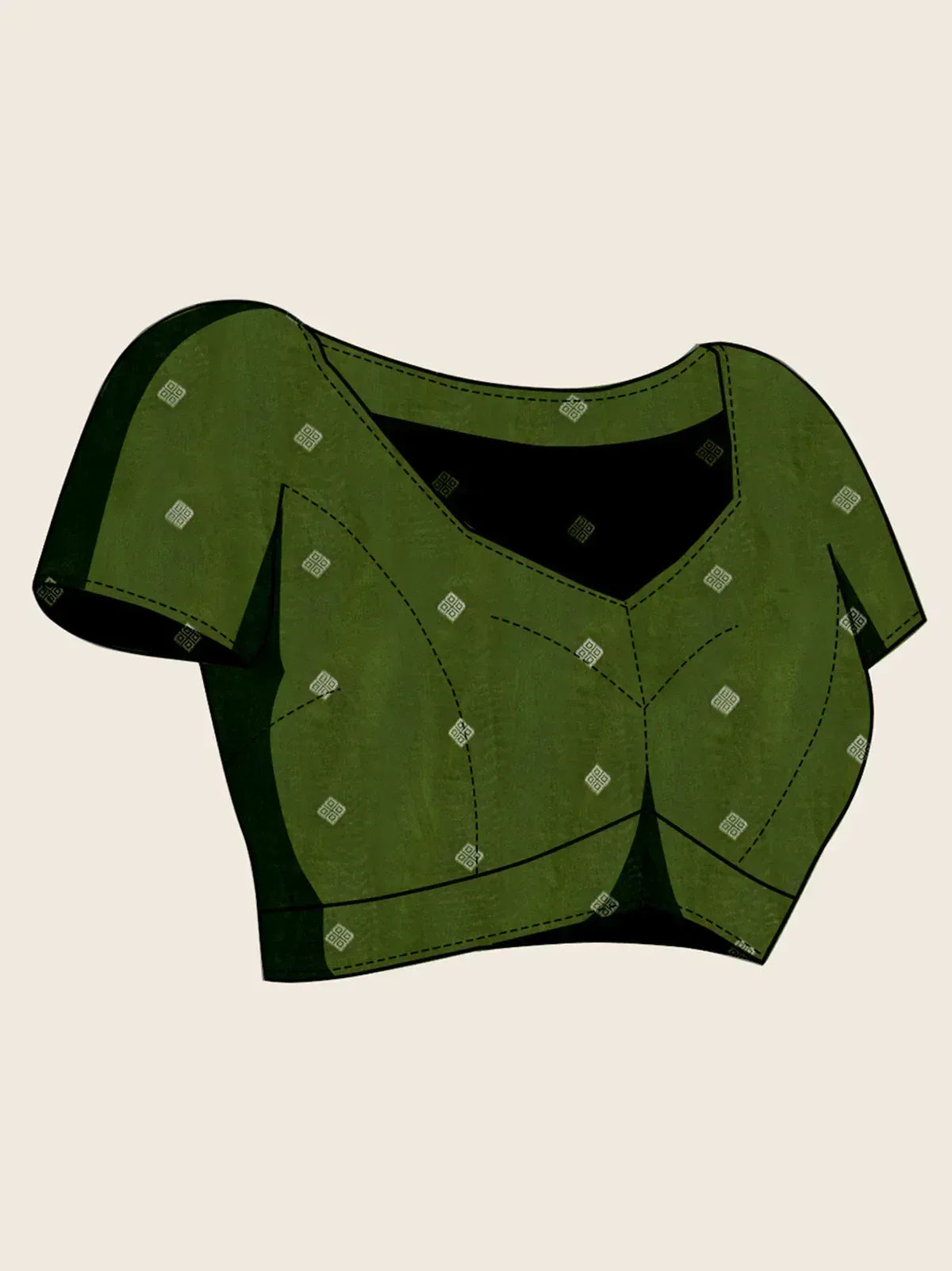 Olive green ethnic blouse with geometric print and short sleeves, ideal for lehenga or saree