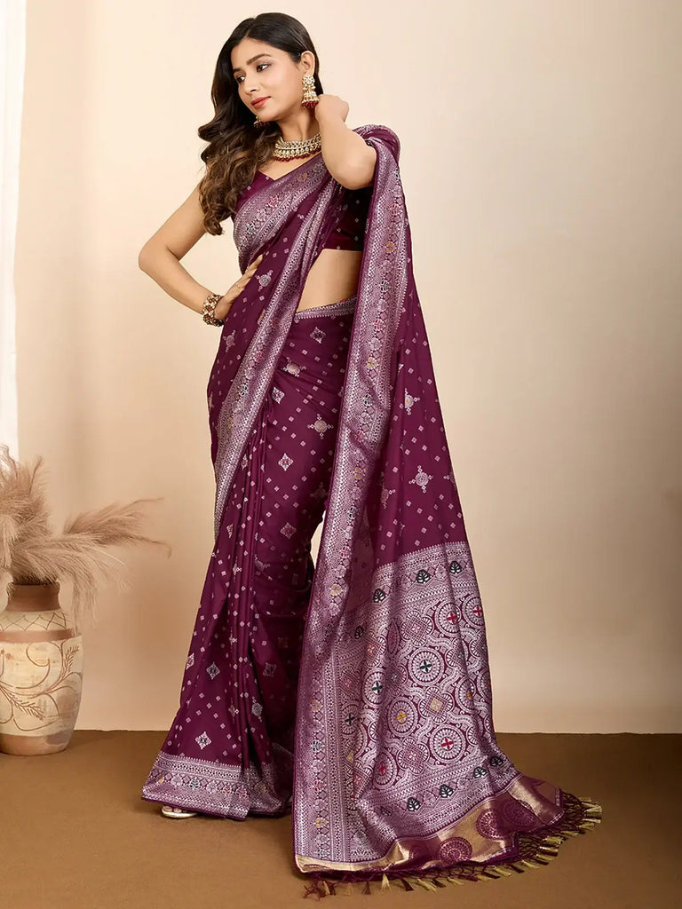 Captivating Wine Zari Weaving Silk Festival Wear Saree With Blouse