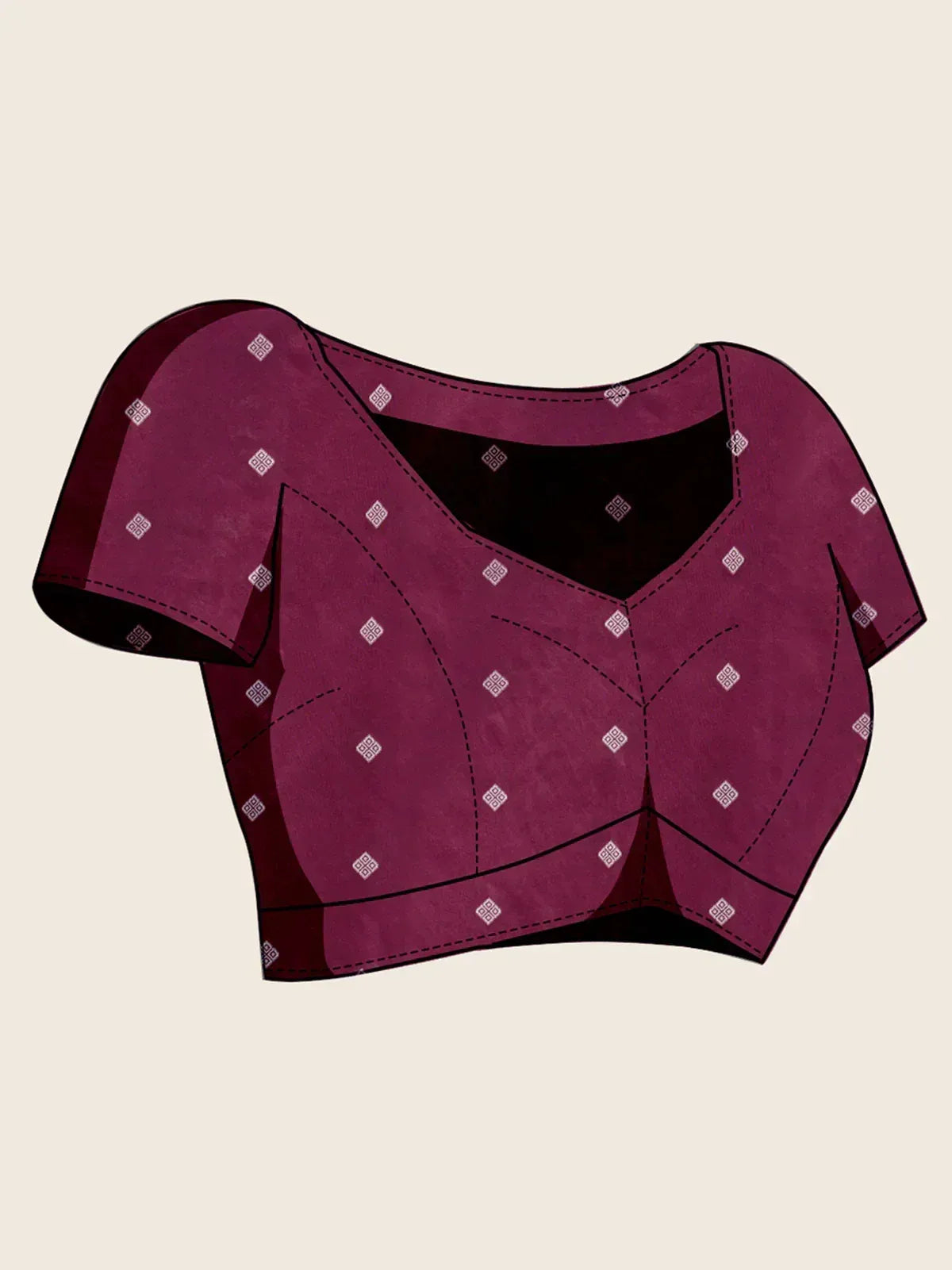 Purple ethnic blouse with geometric print, short sleeves, and V-neck design for lehenga or saree