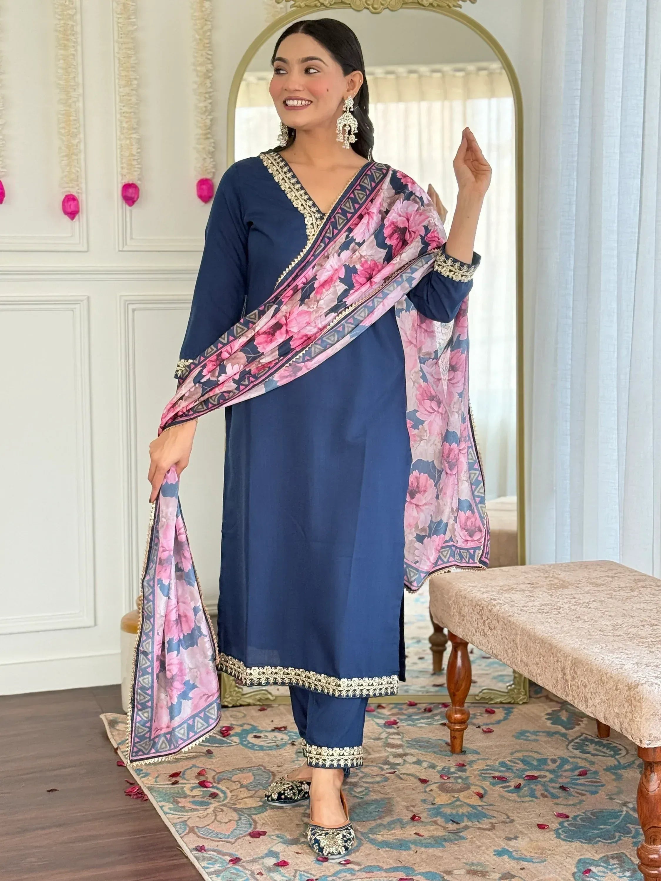 Navy blue salwar kameez with floral dupatta, ethnic wear for women