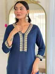 Alluring Navy Blue Embroidered Viscose Festival Wear Pant Suit