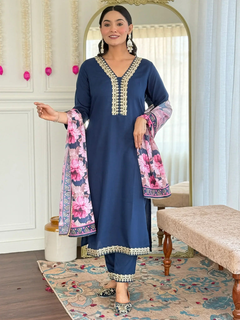 Alluring Navy Blue Embroidered Viscose Festival Wear Pant Suit