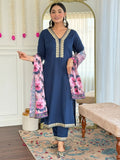 Alluring Navy Blue Embroidered Viscose Festival Wear Pant Suit
