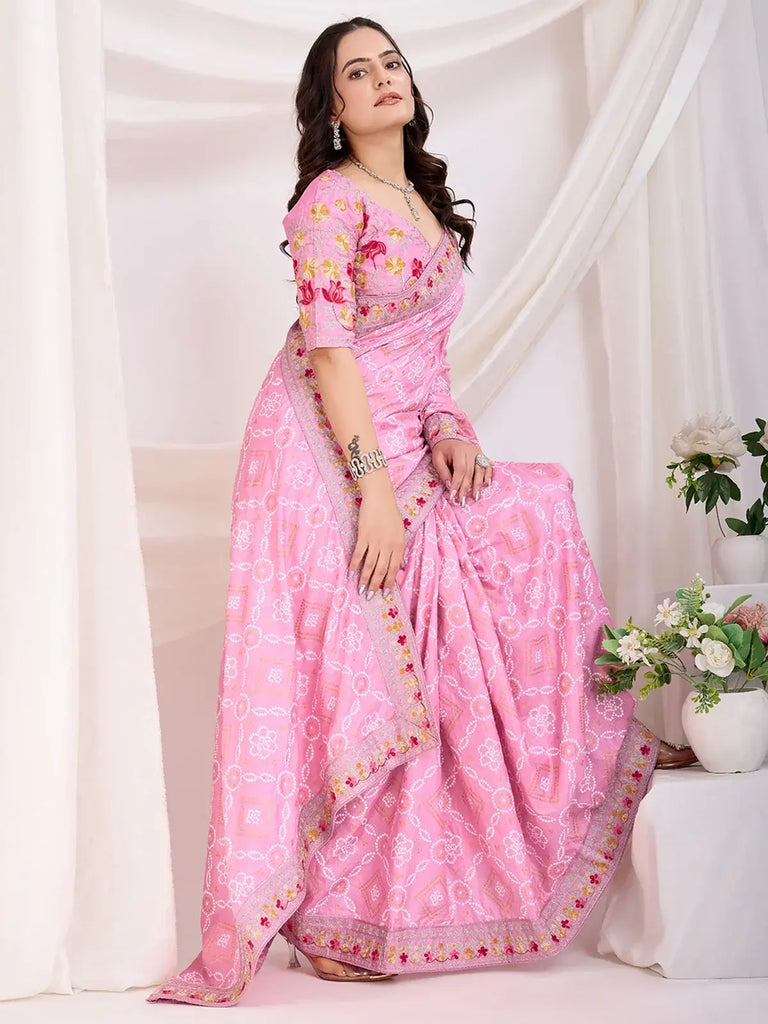 Amazing Pink Bandhani Printed Silk Bridal Wear Saree With Blouse
