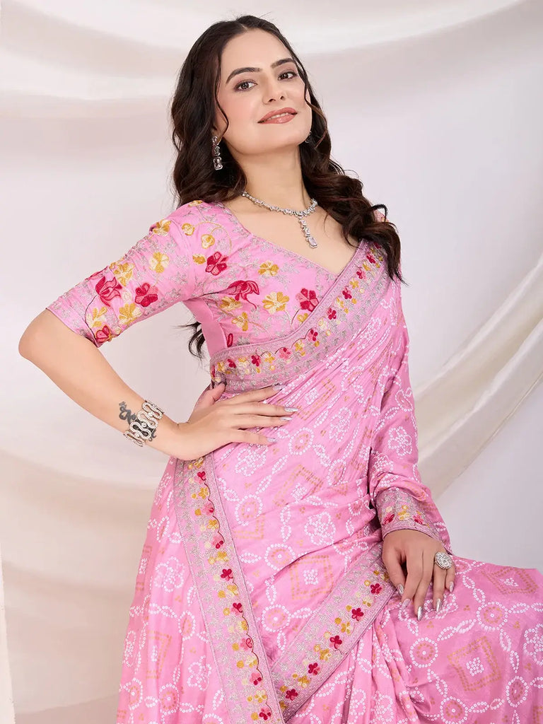 Amazing Pink Bandhani Printed Silk Bridal Wear Saree With Blouse
