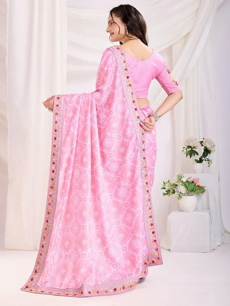 Amazing Pink Bandhani Printed Silk Bridal Wear Saree With Blouse