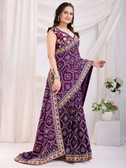 Incredible Purple Bandhani Printed Silk Wedding Saree With Blouse