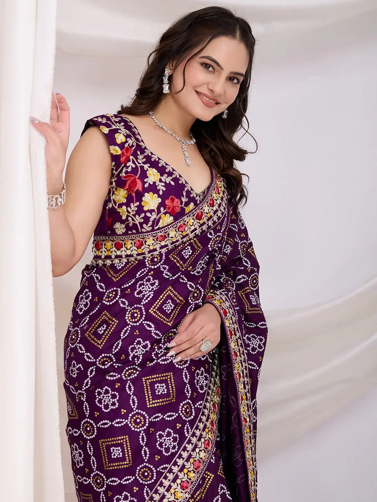 Incredible Purple Bandhani Printed Silk Wedding Saree With Blouse