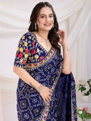 Awesome Blue Bandhani Printed Silk Wedding Wear Saree With Blouse