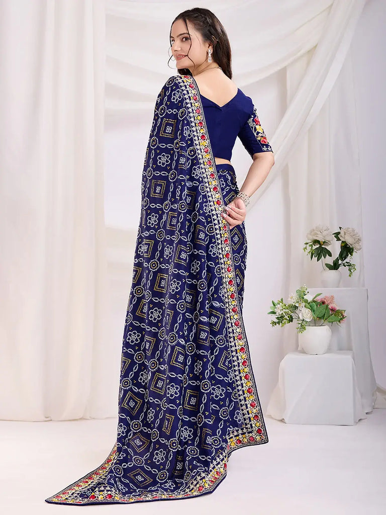 Awesome Blue Bandhani Printed Silk Wedding Wear Saree With Blouse