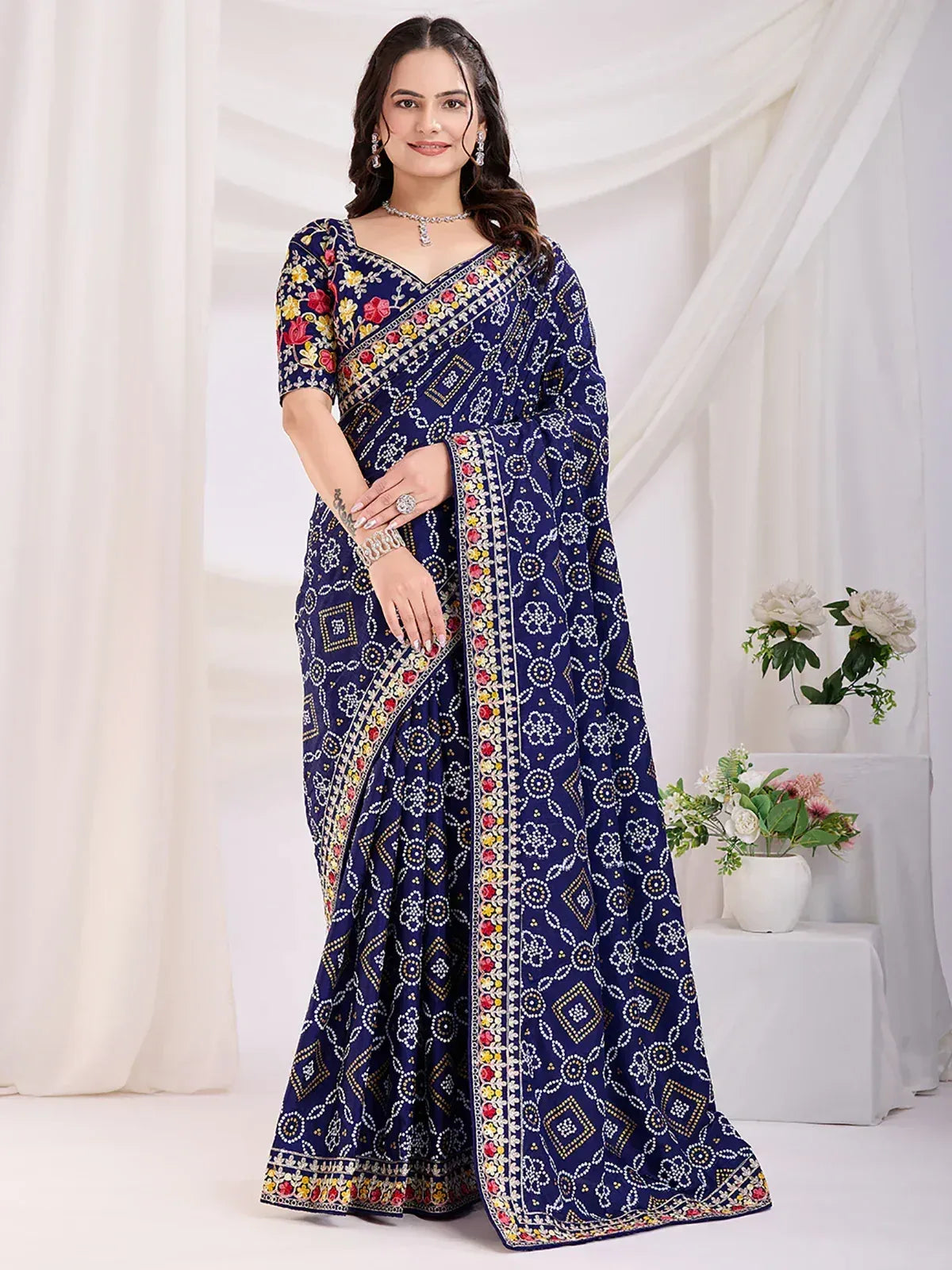 Navy blue printed saree with floral embroidery, ethnic Indian wear for women