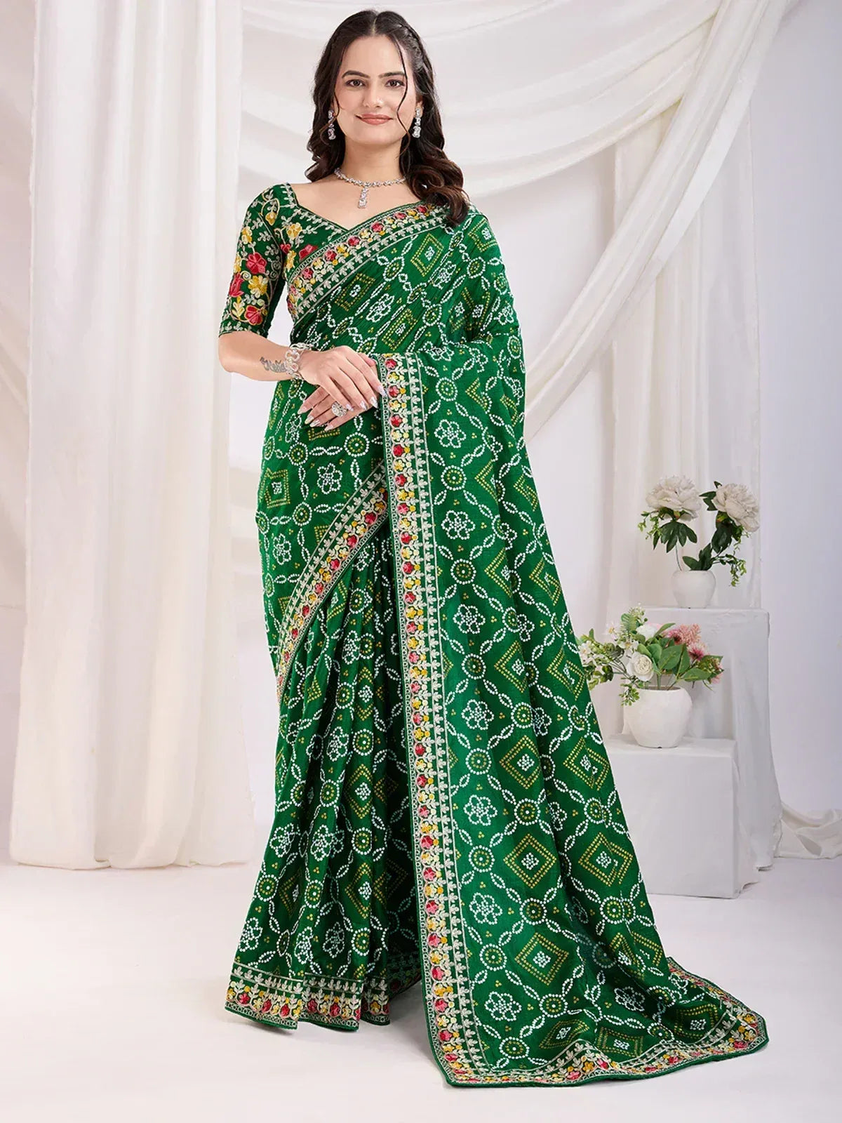 Green printed saree with floral and geometric embroidery, perfect for Indian ethnic wear occasions