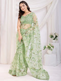 Pretty Pista Green Thread Embroidered Net Event Wear Saree