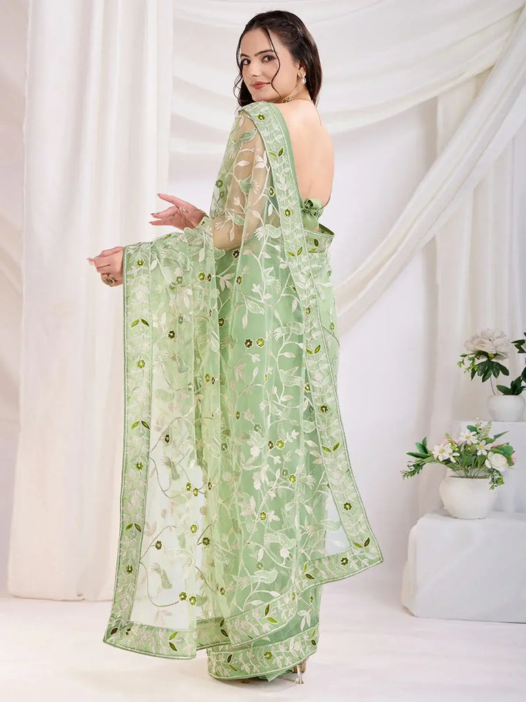 Pretty Pista Green Thread Embroidered Net Event Wear Saree