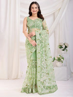 Pretty Pista Green Thread Embroidered Net Event Wear Saree