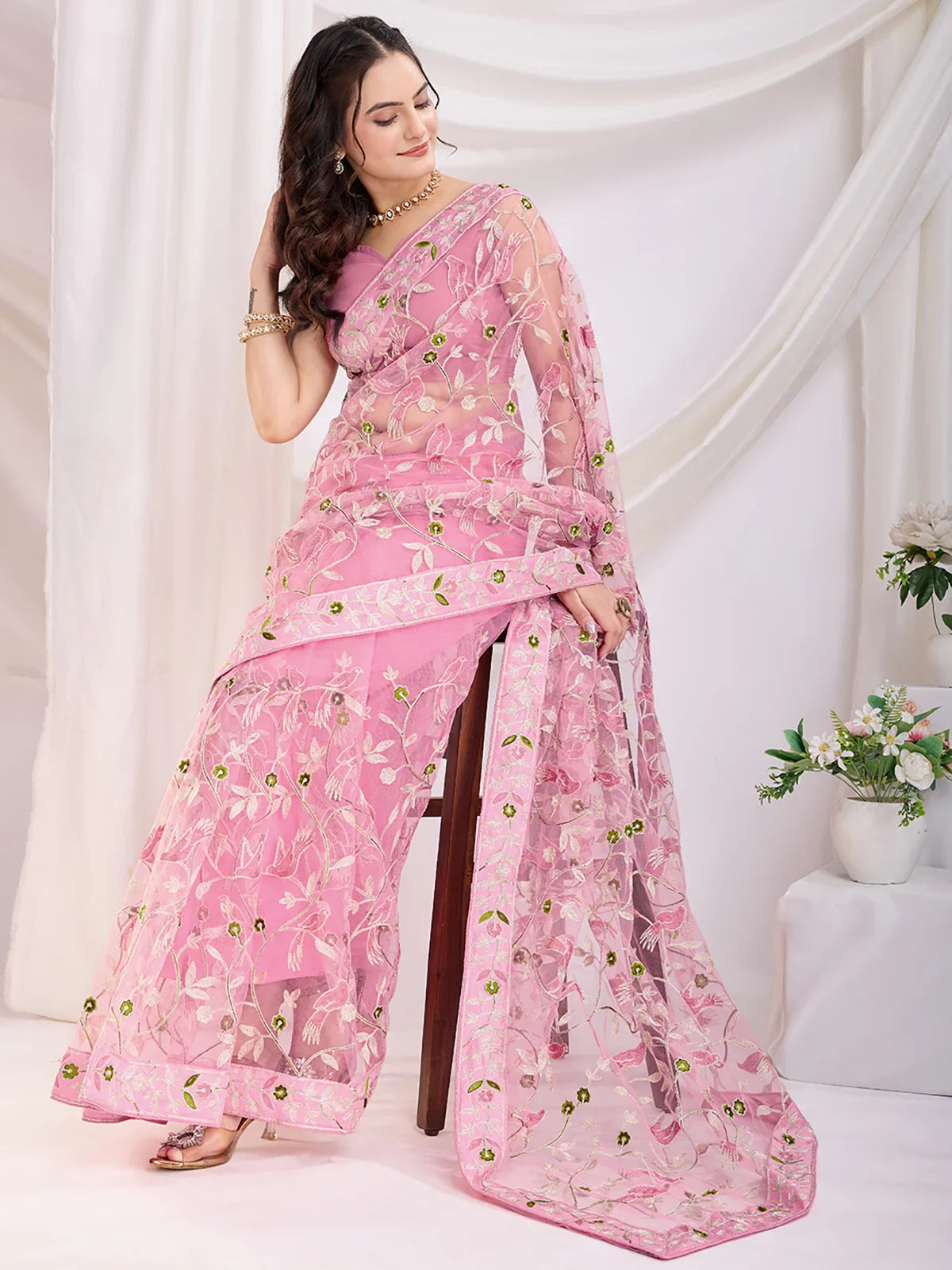 Stunning Pink Thread Embroidered Net Festival Wear Saree With Blouse