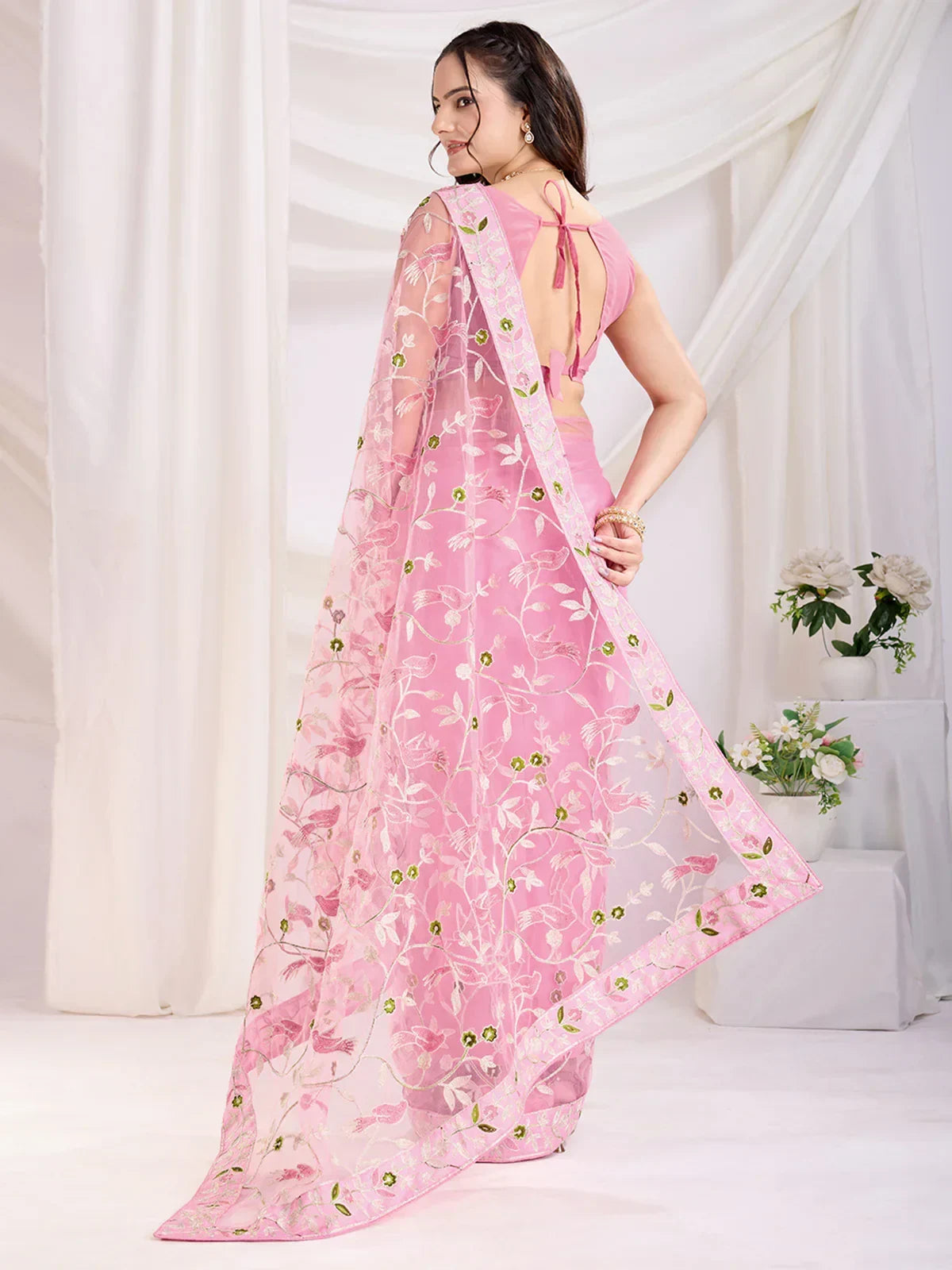 Stunning Pink Thread Embroidered Net Festival Wear Saree With Blouse