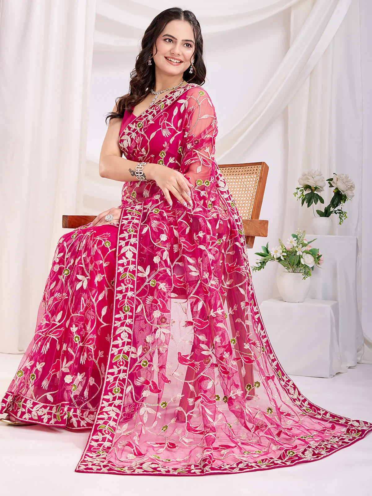 Enchanting Rani Pink Thread Embroidered Net Saree With Blouse