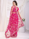 Enchanting Rani Pink Thread Embroidered Net Saree With Blouse