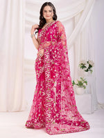 Enchanting Rani Pink Thread Embroidered Net Saree With Blouse