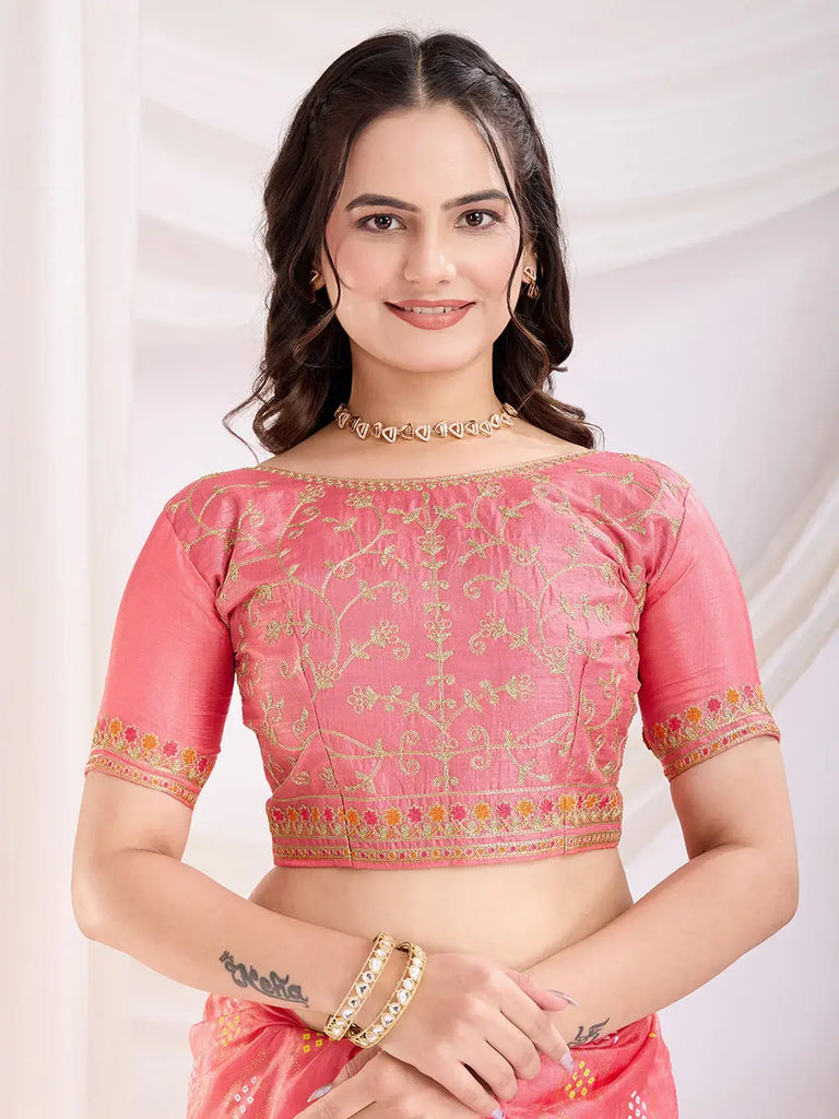 Amazing Coral Pink Bandhani Printed Silk Festival Wear Saree